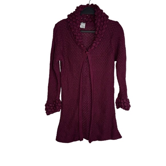 Sweaters - Crochet Maroon Size Small Open Knit Cardigan Puff Stitch Collar and Cuffs